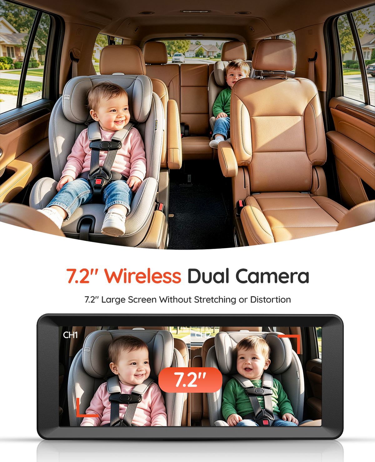 BV6 Pro Max 7.2" Wireless Dual Baby Car Monitor for Two Kids
