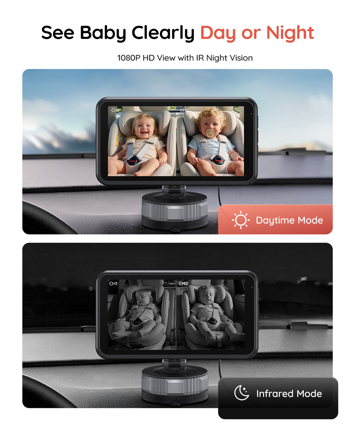 BV6 Pro Wireless Dual Baby Car Monitor for Two Kids