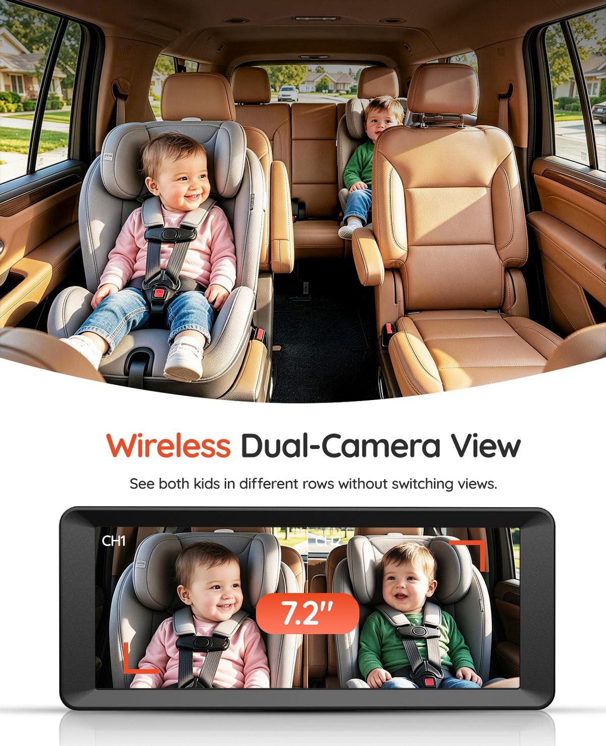 BV6 Pro Max 7.2" Wireless Dual Baby Car Monitor for Two Kids