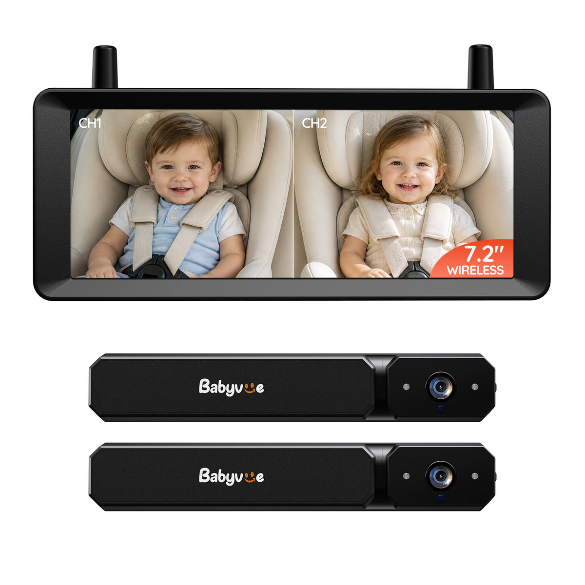 BV6 Pro Max 7.2" Wireless Dual Baby Car Monitor for Two Kids