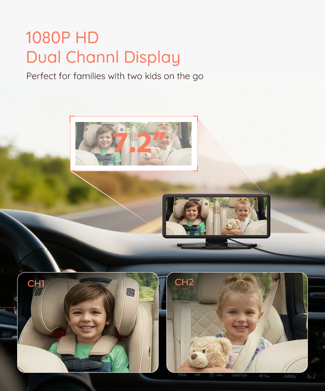 Babyvue BV3PRO Baby Car Camera for 2 Kids, 7.2" 1080P HD Dual Screen