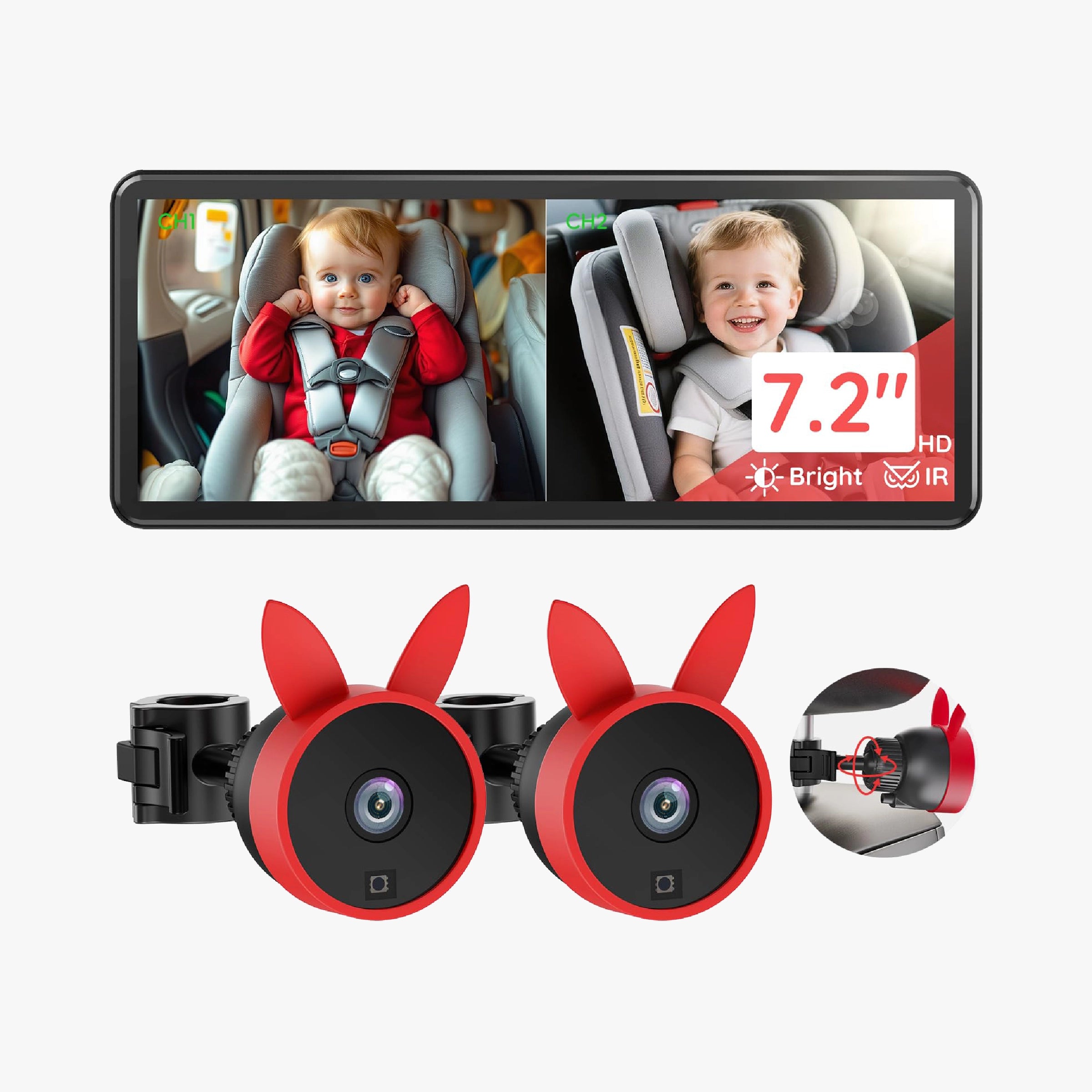 Babyvue BV3PRO Baby Car Camera for 2 Kids, 7.2" 1080P HD Dual Screen