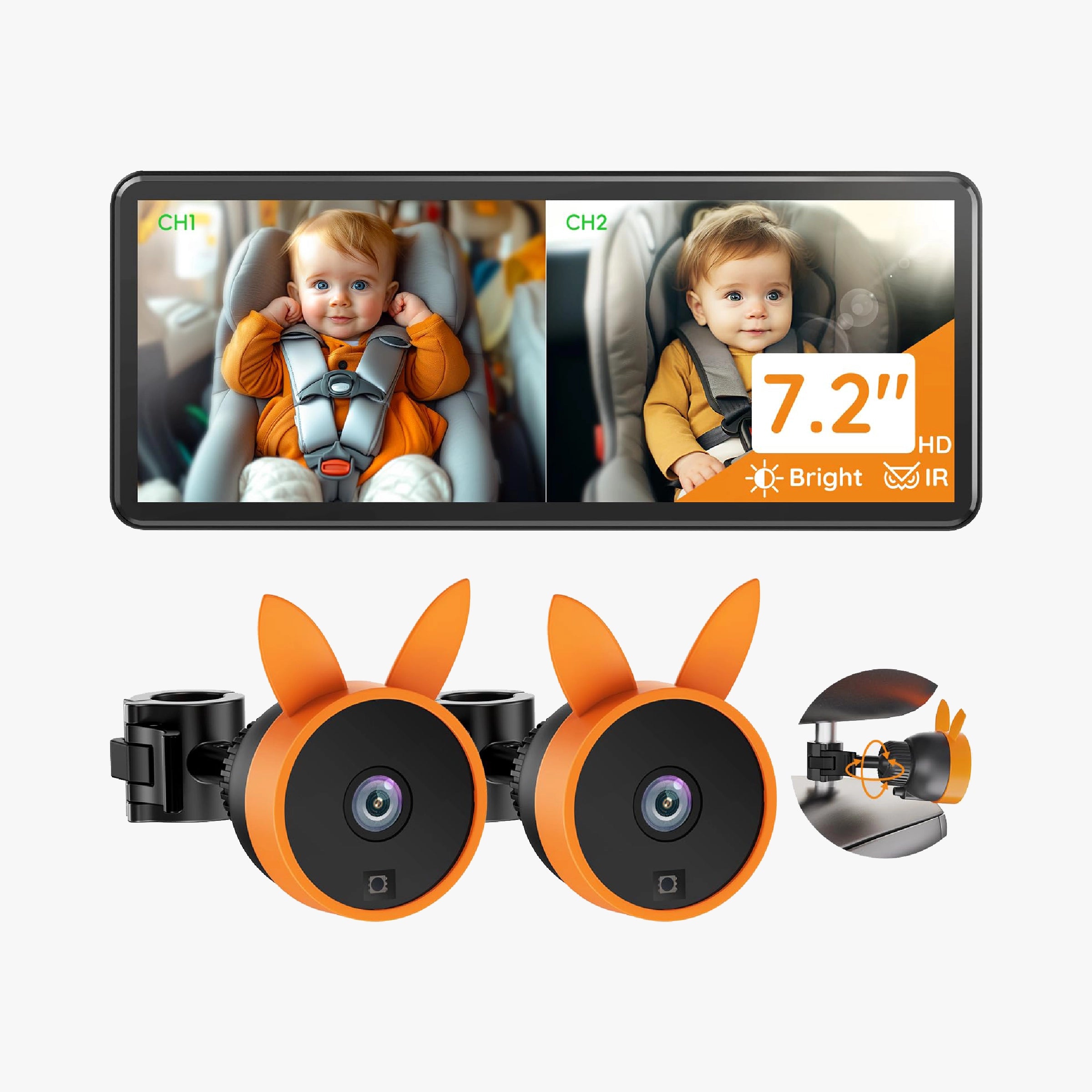 Babyvue BV3PRO Baby Car Camera for 2 Kids, 7.2" 1080P HD Dual Screen